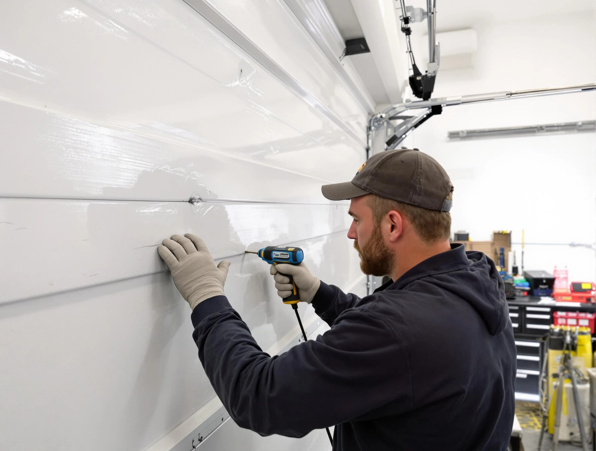 Villa Rica Garage Door Repair technician demonstrating precision dent removal techniques on a Villa Rica garage door